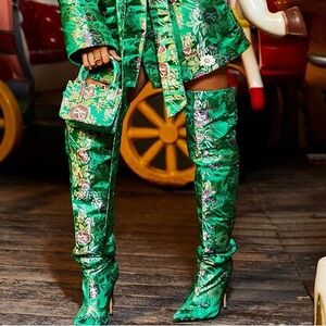 PRETTYLITTLETHING Green Floral Oriental Thigh High Boot